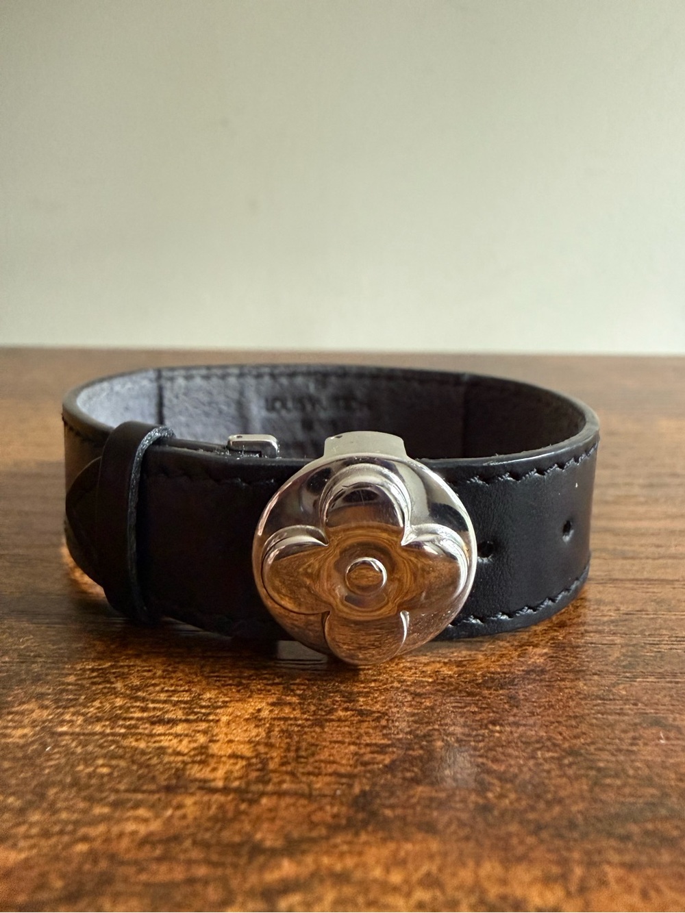 Louis Vuitton Black Leather Bracelet with Silver Monogram Flower